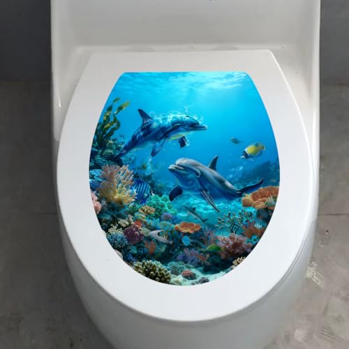 Vesvory Ocean Animals Toilet Cover Sticker,Sea Ocean Fish Dolphin Waterproof Toilet Lid Tank Seat Decal Cistern Self-Adhesive Bathroom Stickers (Dolphin)