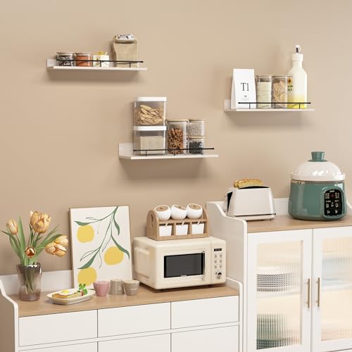 Lyeasw Wall Shelves with Black Metal Guardrail, 16 Inch Beige Floating Shelves for Bedroom Bathroom Kitchen Living Room, Set of 3 in Different Sizes - Thumbnail 2