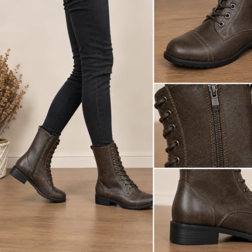 Image of Forever Link Womens Round Toe Military Lace Up Knit Ankle Cuff Low Heel Combat Boots
