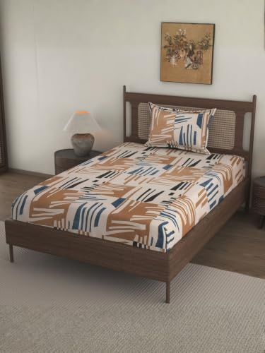 Image of Florida Brown Abstract Geometric Printed Single Bedsheet with 1 Pillow Cover, 150 TC Polycotton Bed Sheet (160 x 228 cm)
