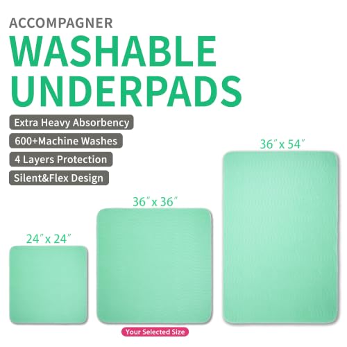 Image of Accompagner Incontinence Bed Pads Washable Waterproof, Ultra-Absorbent Reusable Underpads for Diaper Changing, Nursing, Bedridden, Adults, Seniors, Kids and Dogs (Green, 36 inchx36 inch(Pack of 6))