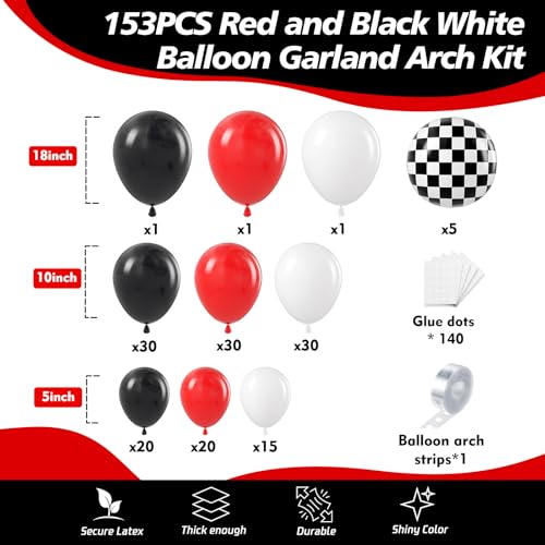 Image of 153Pcs Race Car Balloon Garland Arch Kit - Red and Black White Checkered Balloon Arch Kit 18 10 5 Inch Different Size Balloons for Racing Car Two Fast 2nd Theme Birthday Party Decorations