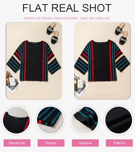 Image of Dokotoo Womens 2026 Spring Summer Casual Crewneck 3 /4 Sleeve Striped Lightweight Knit Trendy Boho Tops Pullover Sweaters
