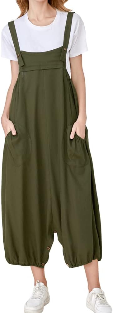 MinibeeWomens Casual Loose Jumpsuit Long Baggy Bib Pants Wide Leg Rompers Cotton Overalls with Pockets