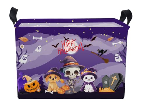 Image of Purple Spooky Night Halloween Basket with Kitten Puppy Ghost Prints,Trick or Treat Storage basket for Gifts and Party Stuffers(Kitten Puppy Skeleton)