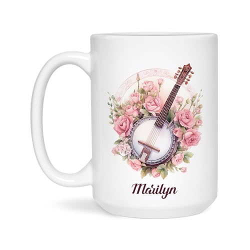 Personalized Banjo Coffee Mugs With Name, Customized Banjo With Roses Mugs, Banjoist Tea Cups, Banjo Player Travel Mugs, Music Lover Gift Mugs, Music Lover Cups, Gift For Banjo Player Music