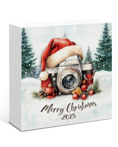 Image of Christmas Decor, Christmas Camera Wood Box Sign, Photographer Gifts Women Men, Farmhouse Xmas Home Office Decorations for Desk Table Shelf 5 X 5 Inches