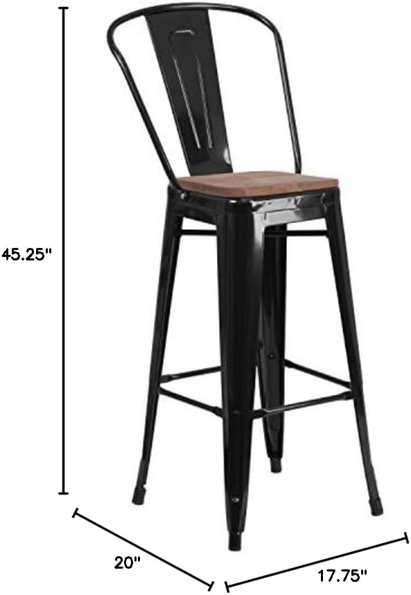 Taylor + Logan 30 Inch High Metal Barstool with Back and Wood Seat, Black