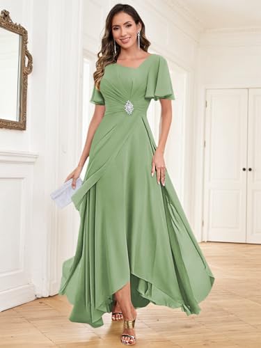 BONOYUER Chiffon Mother of The Bride Dresses for Women with Sleeves V Neck Beaded Formal Wedding Guest Dress4