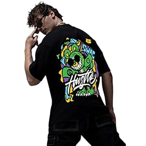 Veirdo® Pure Cotton Oversize Loose Fit Drop Shoulder Round Neck Half Sleeve Graphic Hustle Black Printed T-Shirt for Men