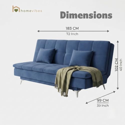 Image of Velum 3 Seater Sofa for Living Room & Office | Premium Fabric Upholstery | Solid Wood Frame | Comfortable Seating | 3 Years Warranty (Blue, Sofa Cum Bed)