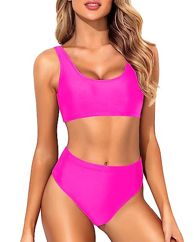 Image of Tempt Me Women Two Piece Scoop Neck Bikini Crop Top High Cut Swimsuit Sporty High Waisted Bathing Suit with Bottoms