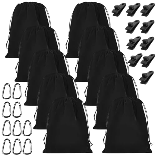 10 Stück Tragbare Gewichtstasche für Pavillon Vorhänge im Freien, 10 Schwarz Sandsack Beschwerung mit 10 Karabiner, 10 Clips, Sandsäcke zum Beschweren für Befestigen von Außenvorhängen Zelt Garten