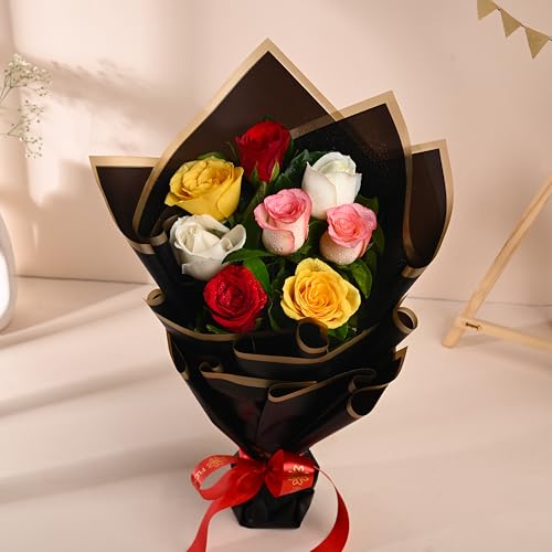 Image of FlowerAura Premium Fresh Live Flower Bouquet of 8 Mix Roses In Designer Paper Gift For Birthday | Anniversary | Love | Home Decor | Fathers Day Gift For Dad (Same Day Delivery)