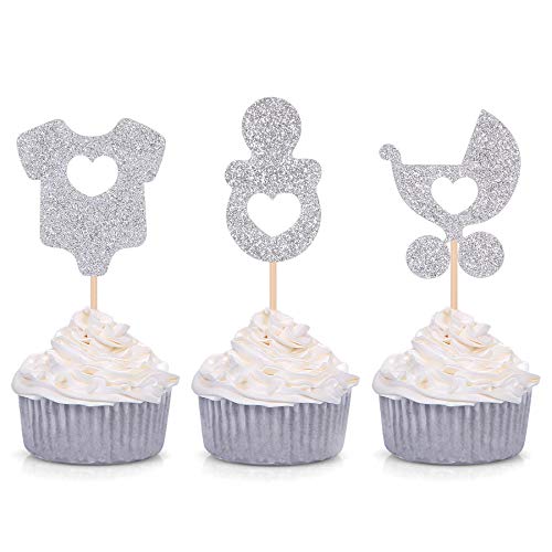 24 Glitter Baby Shower Cupcake Toppers Onesie Pacifier Stroller Shaped Party Decorations - Silver #TOP16