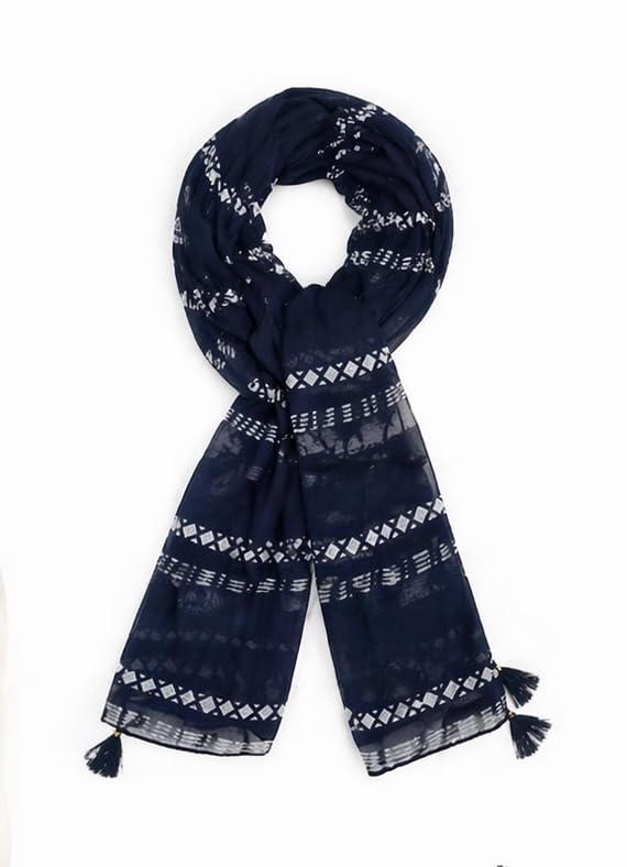 Women's Navy Blue Printed Scarf with Tassels, Geometric Pattern, Lightweight Wrap, Multiple Styling Options-image-12