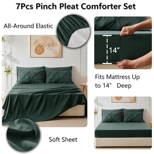 CozyLux Queen Comforter Set Forest Green, 7 Pieces Pintuck Bed in A Bag, Premium Green Comforter Queen Size, Pinch Pleat Bedding Sets with Comforter, Sheets, Pillowcases & Shams