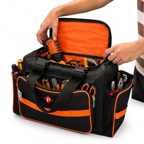 Image of PAHAL Heavy Duty Tool Bag for Electrician, Plumber, Carpenter, AC Technician & Service Engineer Waterproof Nylon Tool Storage Organizer, Shoulder Strap & 24L Capacity Black /Orange