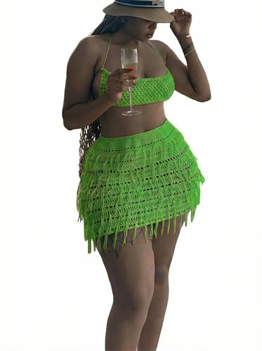 Image of CALEBGAR Women 2 Piece Outfits Sexy Crochet Mini Dress Hollow Tassel Skirts Sets Summer Bandage Tube Tops