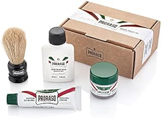Proraso Travel Sized Shaving Kit for Men | Pre-Shave Cream, Shaving Cream, After Shave Balm & Boar-Bristle Brush for All Skin Types