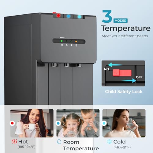 Image of EUHOMY Self Cleaning Bottom Loading Water Dispenser for 3 or 5 Gallon Bottles, Hot Cold and Room Water Cooler with Child Safety Lock, LED Indicator, Empty Bottle Alert, Home Office Apartment, Black