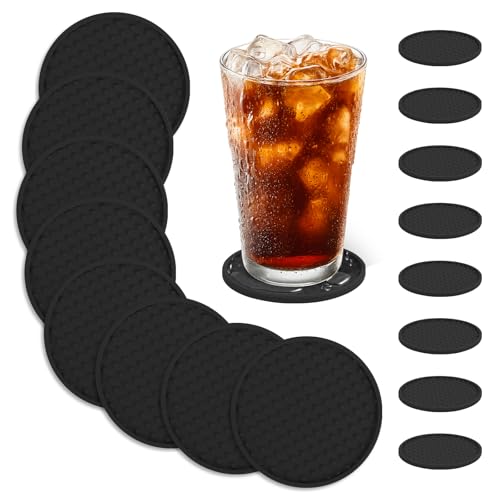 Image of 8 Pack Silicone Coasters Black Thickened 0.5cm Deep Tray Design – Non-Slip Rubber Mug Mats for Drinks Heat Resistant Cup Coasters for Table Protection Coffee Pads Beer Bar Mat 10cm Diameter (Black)