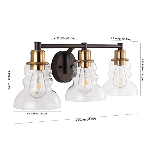 Image of JONATHAN Y 25.5 inch Brass Gold /Oil Rubbed Bronze Modern Industrial Rustic 3-Light LED Vanity Light with Clear Glass Shade, Vintage Wall Sconce for Bathroom Kitchen Hallway, LED Bulb Included (JYL3546A)