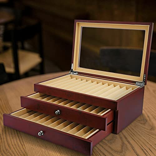 uyoyous 34 Piece Wood Pen Display Box Glass Pen Display Case Storage Fountain Pen Collector Organizer Box with Lid Glass Window 3 Layers with Drawer Black,Wooden Grain (12.2 x 8.3 x 4.9 inch)