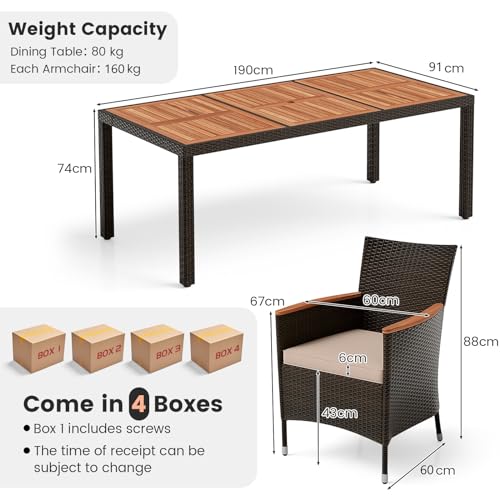 GIANTEX Salon de Jardin 8 Personnes en Rotin et Bois d'Acacia, Table de Jardin Extérieure avec 8 Chaises, Coussins, Trou de Parasol, Pieds Réglables, pour Cour, Pique-Nique, Marron – vue 5