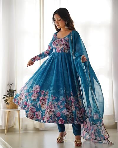 Image of KD Women's Floral Print Anarkali Kurta Set with Pant and Dupatta, Georgette, Full Sleeves, Asymmetric Hemline
