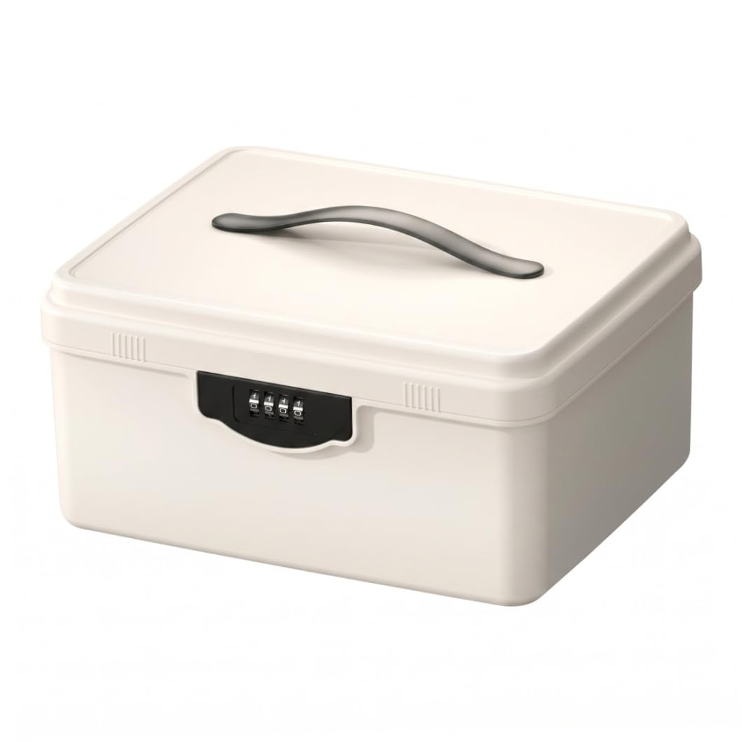 Tsawntd Storage Boxes, Lockable Box, Double-layer Lockable Storage Box With 4-digit Combination Lock and Handle For Valuables & Documents, Cream White