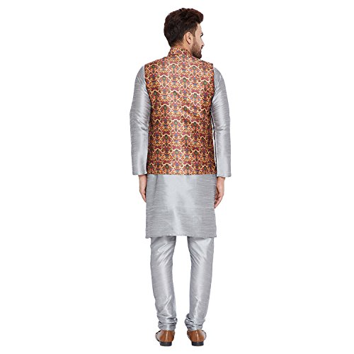 Image of SOJANYA (Since 1958, Men's Silk Grey Kurta Pyjama & Maroon Printed Nehru Jacket Set, Size: XXL(SJR-092-NJacket-Print-515-44)