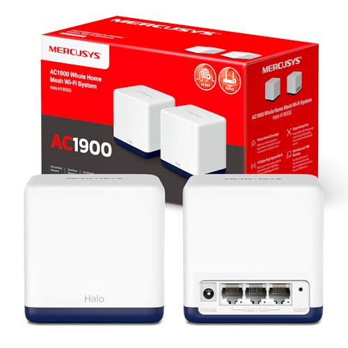 Mercusys Halo H1900G(2-Pack) - AC1900 Mesh Wi-Fi, Doble Banda, Cobertura hasta 350 m², 3× Gigabit Puerto por Unidad, MU-MIMO, Beamforming, Control Parental, Smart Connect