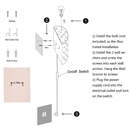 Plug In Wall Sconce Stars And Moons Kids Wall Lamp, Nursery Baby Room Wall Light With 6Ft Plug In Cord On/Off Switch, Ideal For Kids Rooms, Bedroom And Play Rooms, E26 Base, Pink(Exclude Bulb) #TOP5