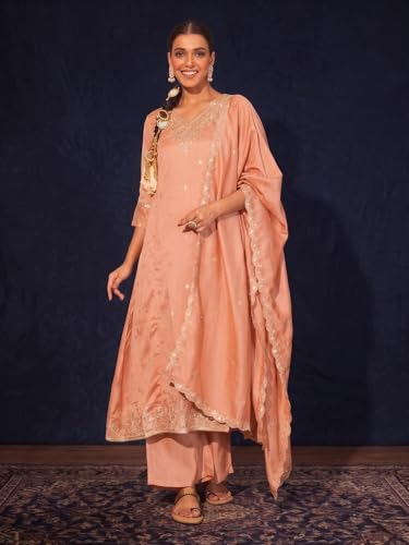 Image of Naixa Women's Vichitra Silk Embroidered A-Line Kurta with Pant and Dupatta Sets (NX-845)