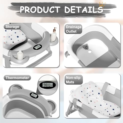 Image of TPN Collapsible Baby Bathtub, Baby Bath Tub with Soft Cushion & Real-Time Thermometer, Baby Bathtub Infant to Toddler Tub (0-36 Months), Portable Newborn Travel Bath Tub