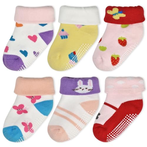 HYCLES Baby Socks Gift Set, Non Slip Toddler Socks with Grips for 6-12months Boys Girls 6 Pairs Cute Baby Shower Newborn Gifts Strawberry