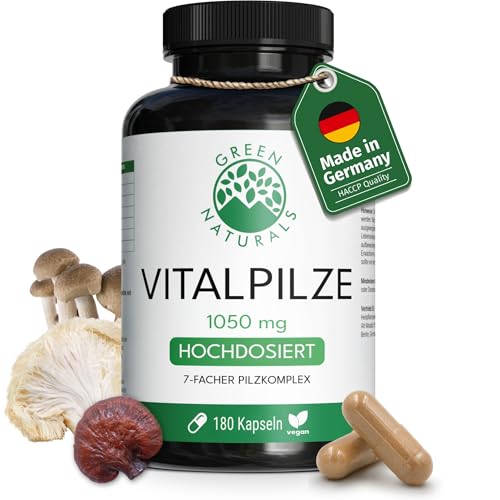 Green Naturals Vitalpilze 7-Pilz-Komplex hochdosiert 1.050 mg pro Tagesdosis mit je 150 mg Reishi Cordyceps Shiitake Maitake Hericium Agaricus & Chaga vegan ohne Zusatzstoffe 180 Kapseln