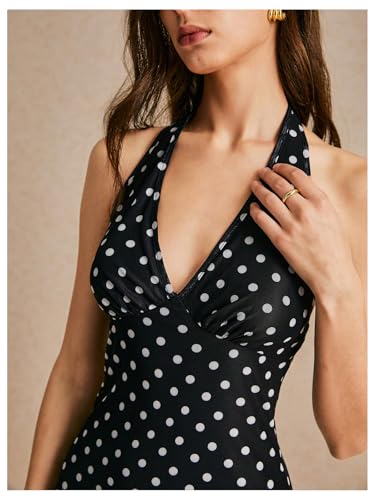 Image of Floerns Women's Summer Sleeveless Halter Backless Tie Back Polka Dots Bodycon Mini Sun Dress