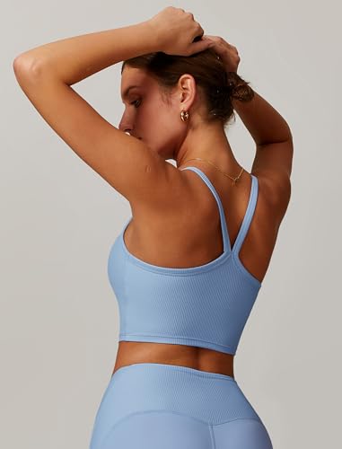 Image of Womens Scoop Neck Longline Sports Bras Fixed Cross Back Women Workout Crop Tank Tops with Built in Bra Active Wear Athletic Work Out Gym Yoga Padded Bra Tank Top Blue M