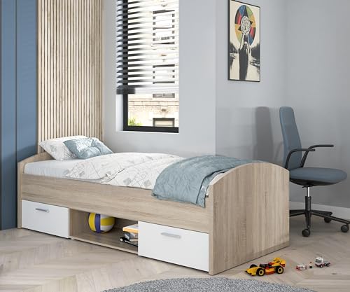 FORTE Winnie Jugendbett, Liegefläche 90 x 200 cm, Holzwerkstoff, Sonoma Eiche / Weiß, B x H x T: 96 x 65 x 206,4 cm