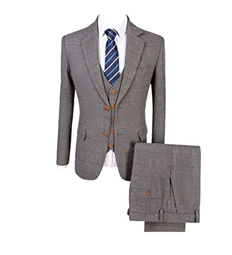 Plaid Grey Classic Tweed Herringbone Wool Men Suit 3 Pieces Check Striped Suits