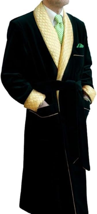 Men's long Smoking Jacket Black Velvet Robe Quilted Robe Dressing Gown