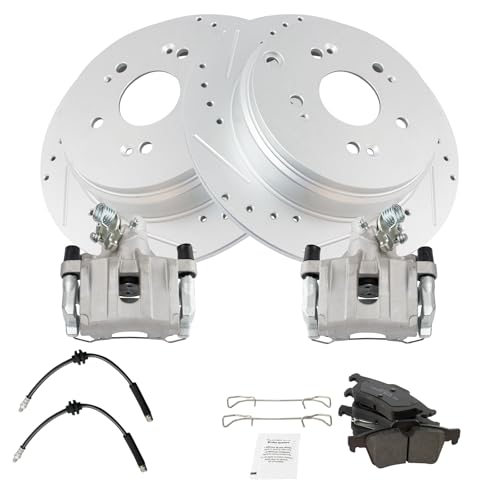 Image of TRQ Performance Rear Brake Pad and Rotor Set Ceramic Slotted Drilled G Coated Rotors Calipers Hoses Compatible with 2004-2005 Mazda 3 S 2005 3 SP23