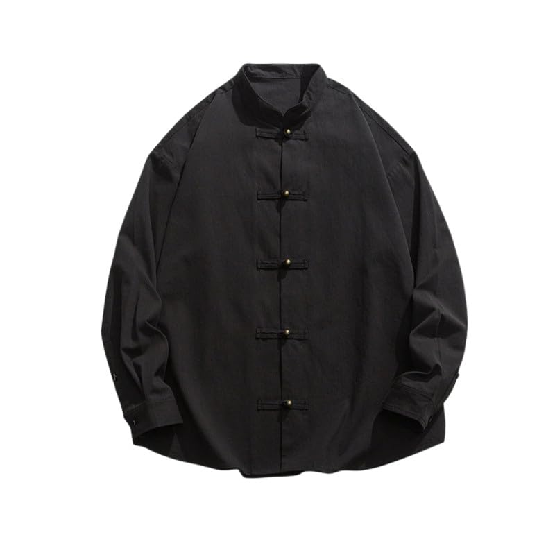 Men’s Long Sleeve Loose Fit Shirt Jacket with Stand Collar | Black - 2XL-image-22