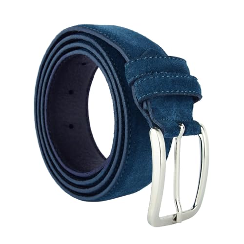 GRESEL Cinturón de Piel Ante Genuina Unisex, Recortable, Made in Italy, Azul 3.5 cm