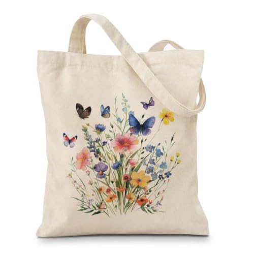 Geondos Canvas Tote Bags for Women, Butterfly Canvas Tote Bag Aesthetic, Reusable Cotton Totes for Grocery, Shopping, Beach & Daily Use, Mother's Day Gift, Birthday Gifts for Women Lady