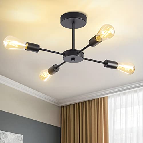 ANWIO Lámpara de Techo Vintage, Lámpara Colgante E27 de 4 Bombillas, Lámpara Araña Moderna Negro para Sala de Estar, Comedor, Cocina, Pasillo, Restaurante, Cafetería.