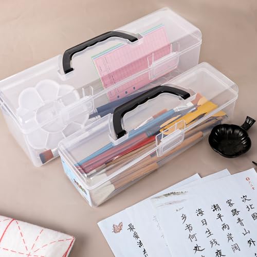 Image of 2 Pcs Acrylic Paint Organizer Boxes with Handle, Paint Storage Box, Portable Clear Empty Craft Storage, 30 Bottles Capacity Acrylic Paints Organizer for 2 fl. oz Bottles