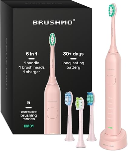 Brushmo Super Sonic Electric Toothbrush with 4 Replacement Heads - Rechargeable Electronic Tooth Brush for Adults with 5 Customizable Modes - IPX7 Waterproof & Long-Lasting Battery – Nova Pink